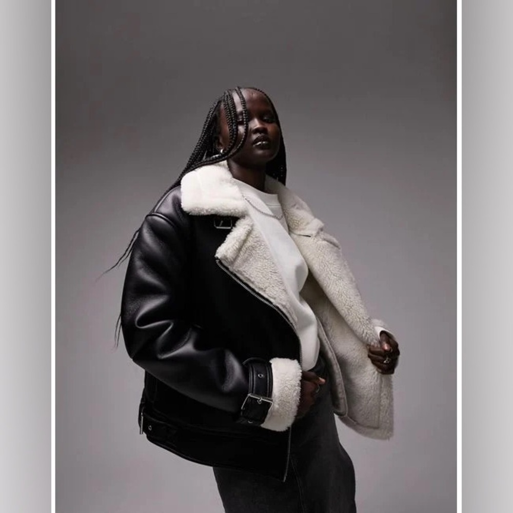 Topshop faux leather shearling aviator biker jacket in black - Picture 3 of 11
